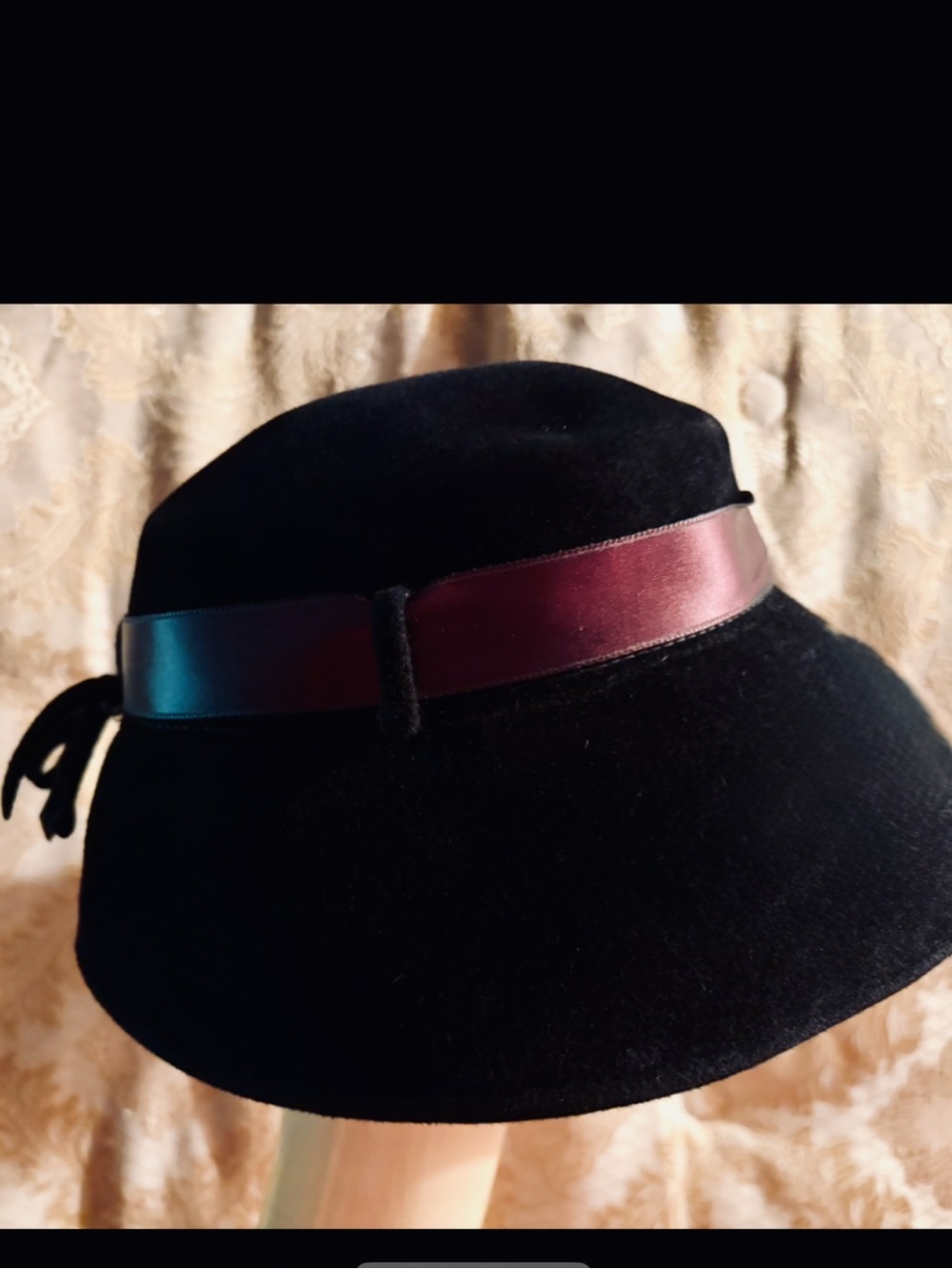 Vintage Designer Black Wool Cloche Hat with Burgundy Satin Band